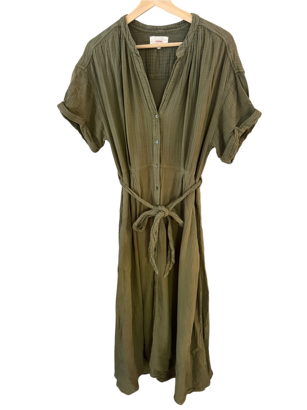 Xirena Alyssa Olive Green Cotton Gauze Belted Midi Dress Size Medium Fall
